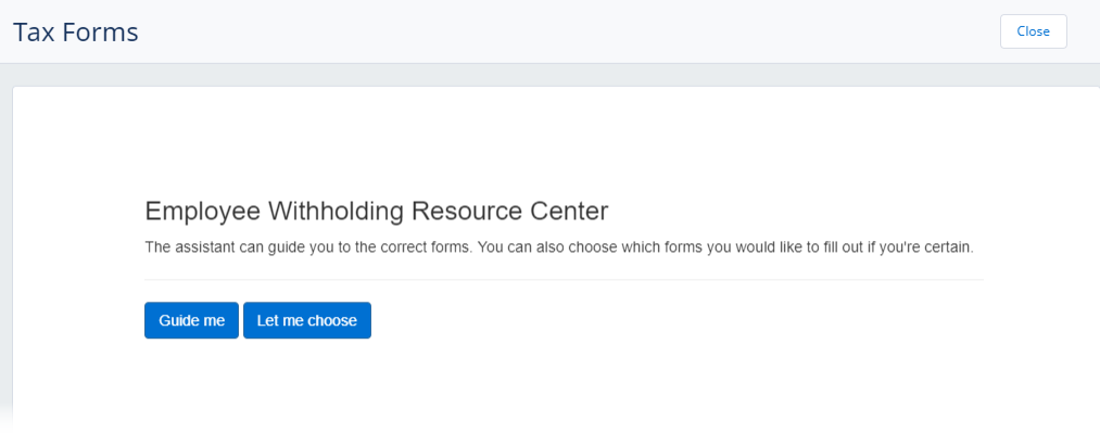 Screenshot: The first page of Employee Withholding Resource Center in the Tax Forms process